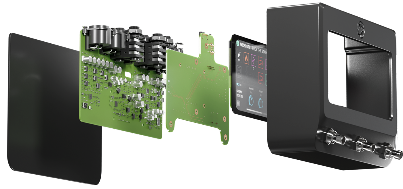 Exploded view of WizeCore layers: glass front, circuit boards with I/O, display with interface, and outer chassis